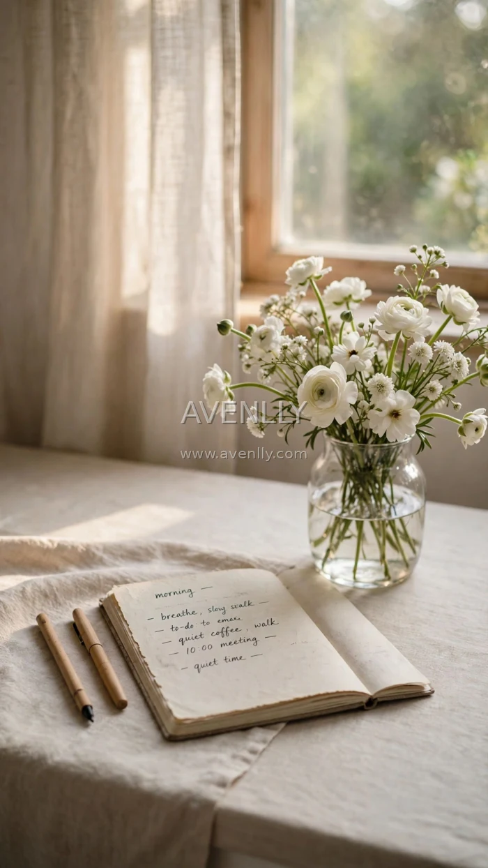 Soft Minimal Desk Aesthetic with White Flowers 4K Wallpaper