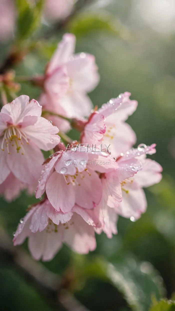Soft Pink Cherry Blossoms Dew Macro 4K Wallpaper