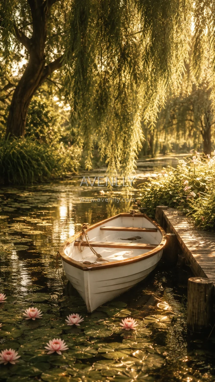 Tranquil Rowboat on a Lily Pond  Wallpaper HD
