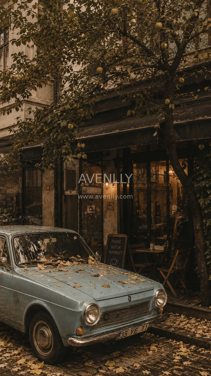 Vintage Blue Car Café Street Aesthetic 4K Wallpaper