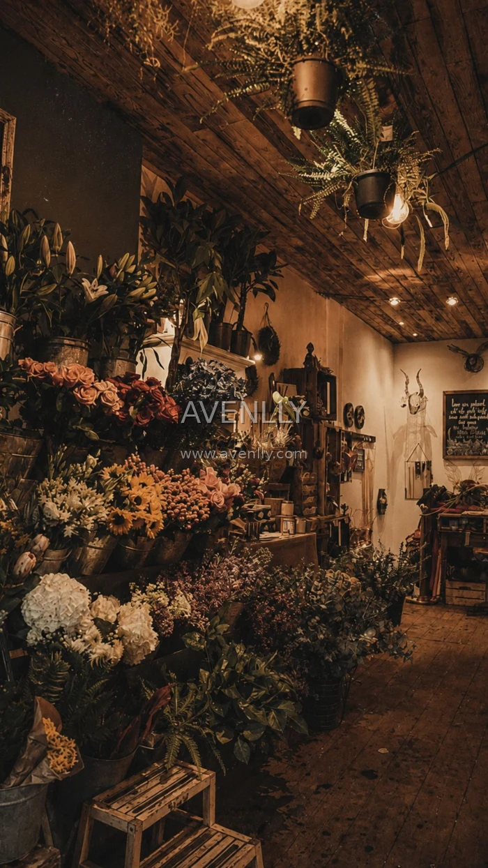 Vintage Flower Shop Aesthetic Wallpaper | Cozy Brown Floral Interior