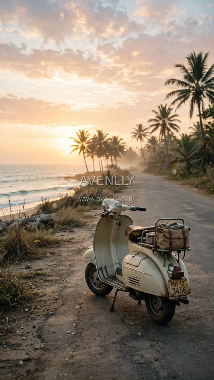 Vintage Scooter by the Beach Wallpaper | Coastal Sunset Road 4K