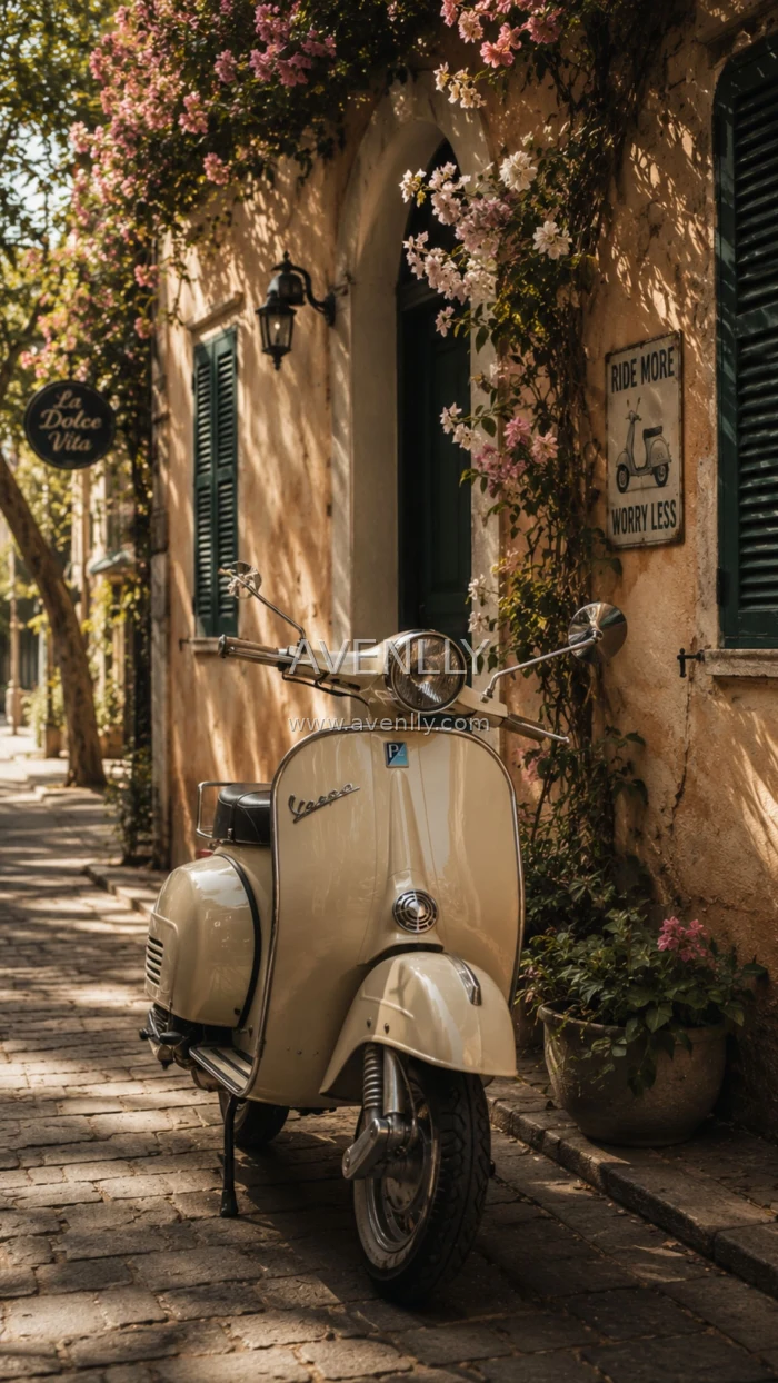 Vintage Vespa Street Wallpaper | European Floral Alley 4K
