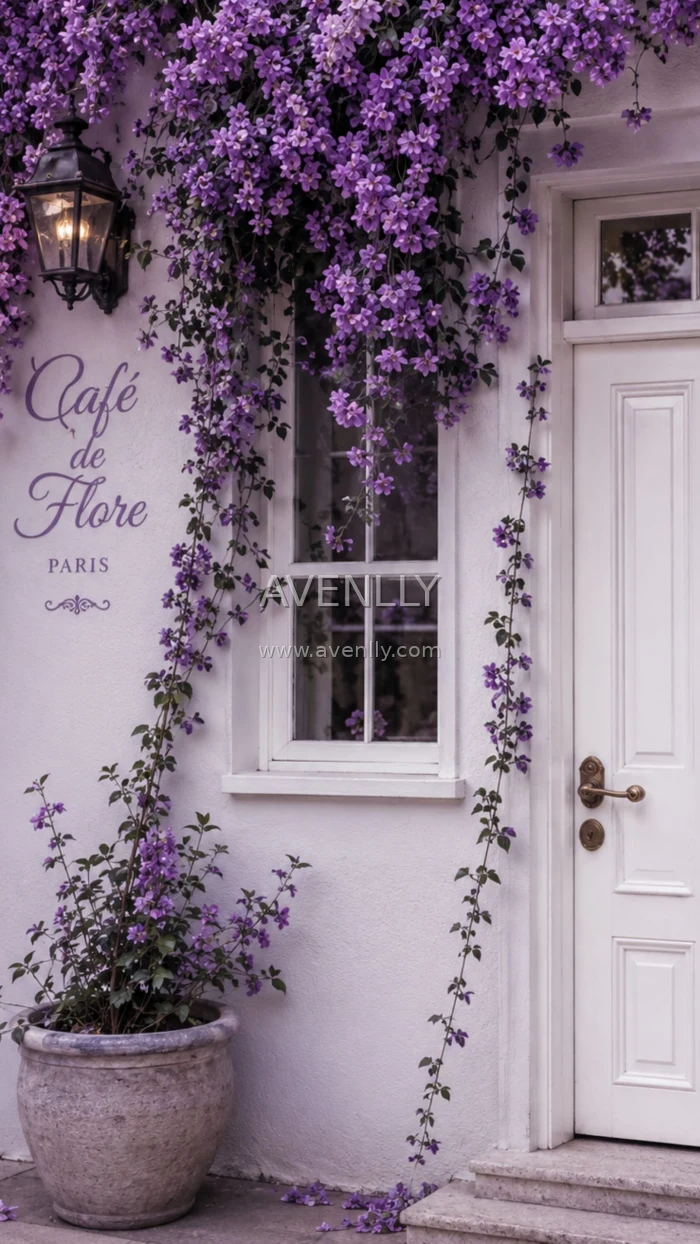 White Door with Purple Flowers Aesthetic Wallpaper