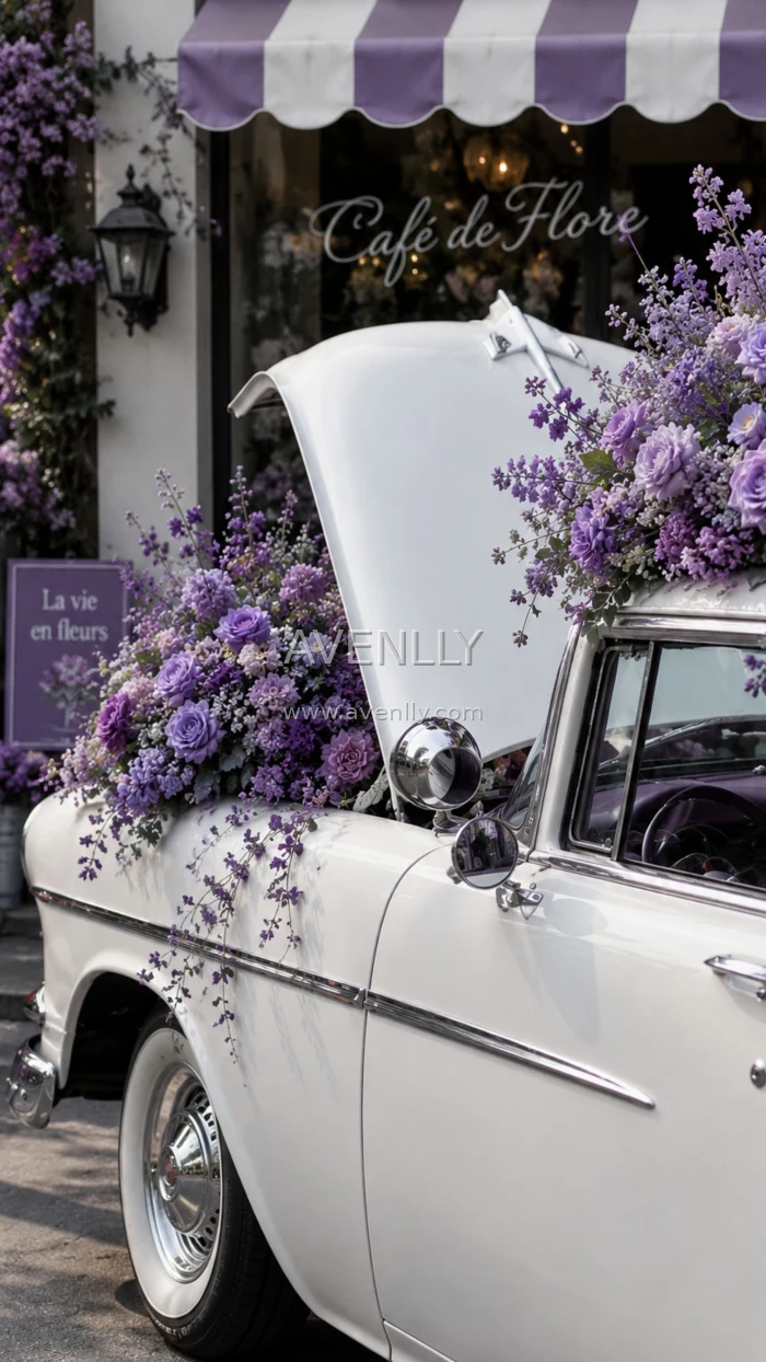 White Vintage Car with Purple Flowers Wallpaper